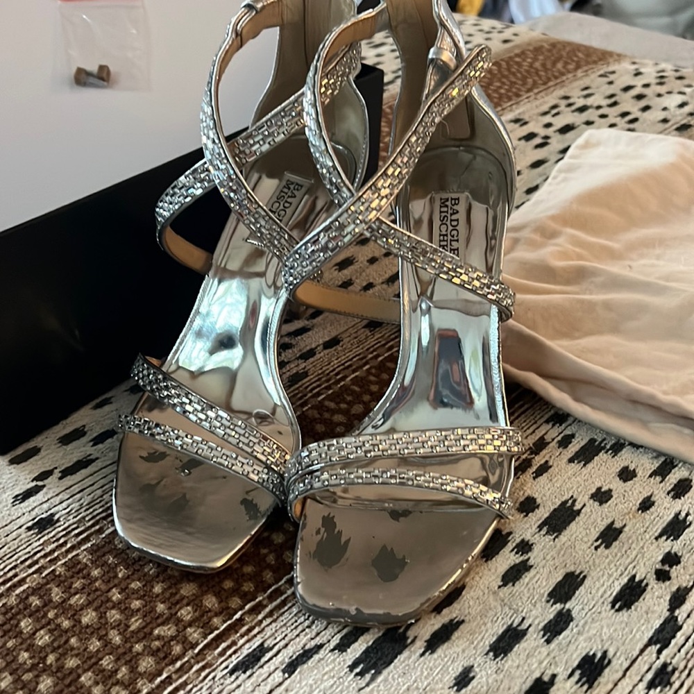 Badgley Mischka beaded silver heels